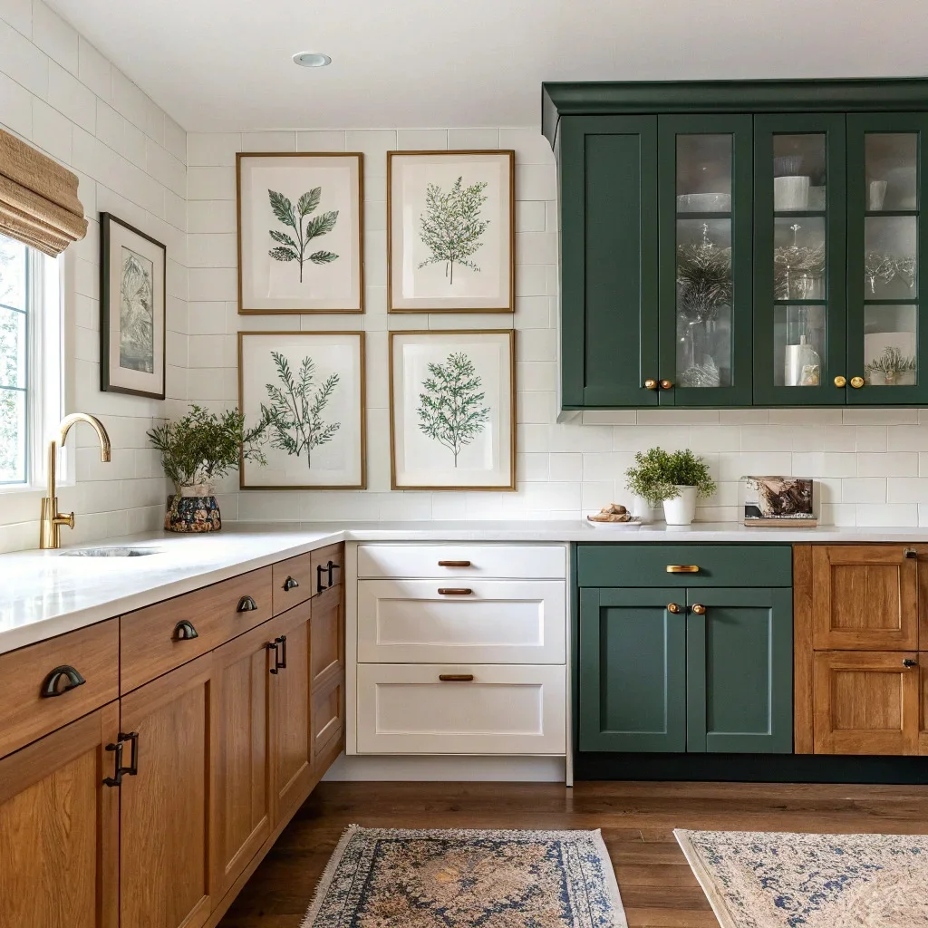 A kitchen wall display featuring three styled vignettes: warm wood cabinets with cream mats and black frames; white shaker cabinets with blue accents and oak frames; and dark green cabinets paired with botanical art, linen mats, and bronze frames.