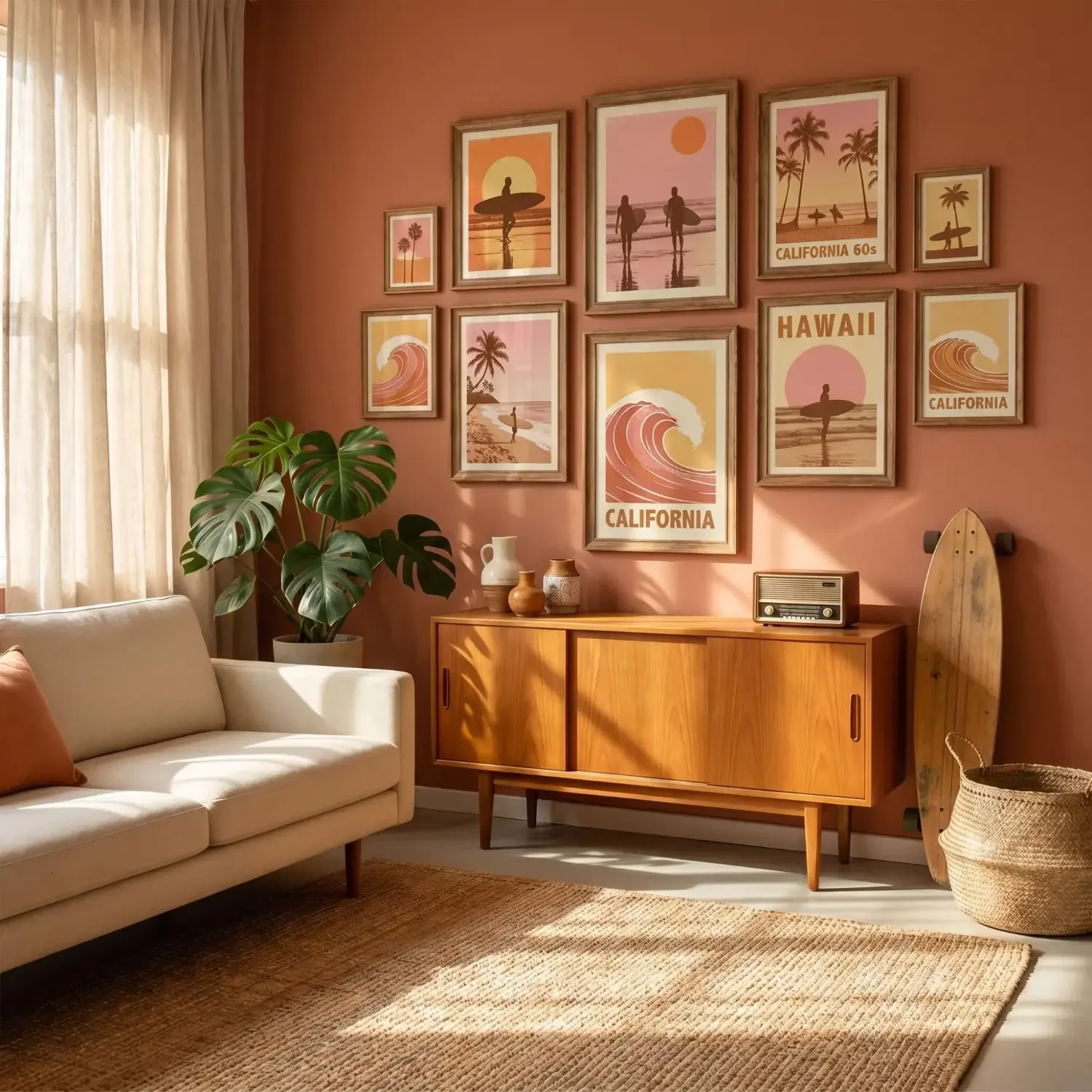 Vintage surf art framed prints in mid-century living room