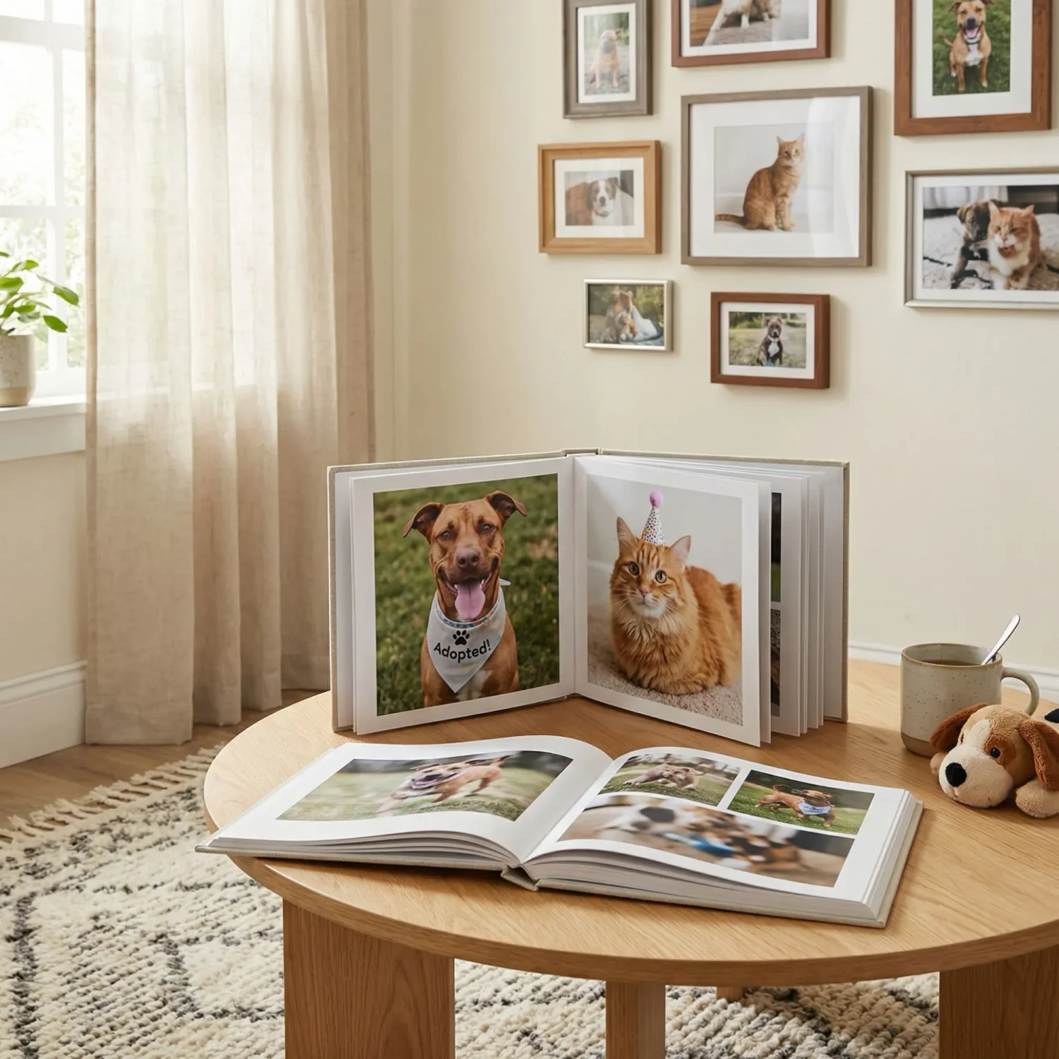 Pet photo book open showing milestone moments