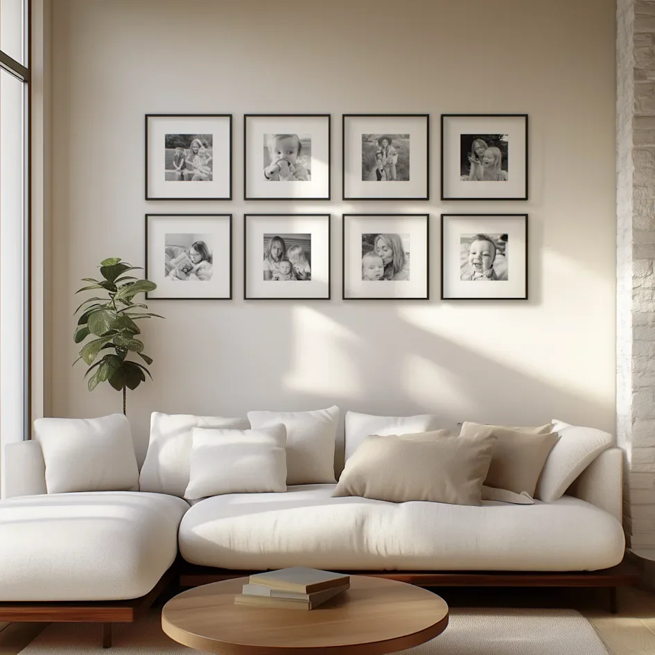 Black and white photo grid above a modern beige sofa