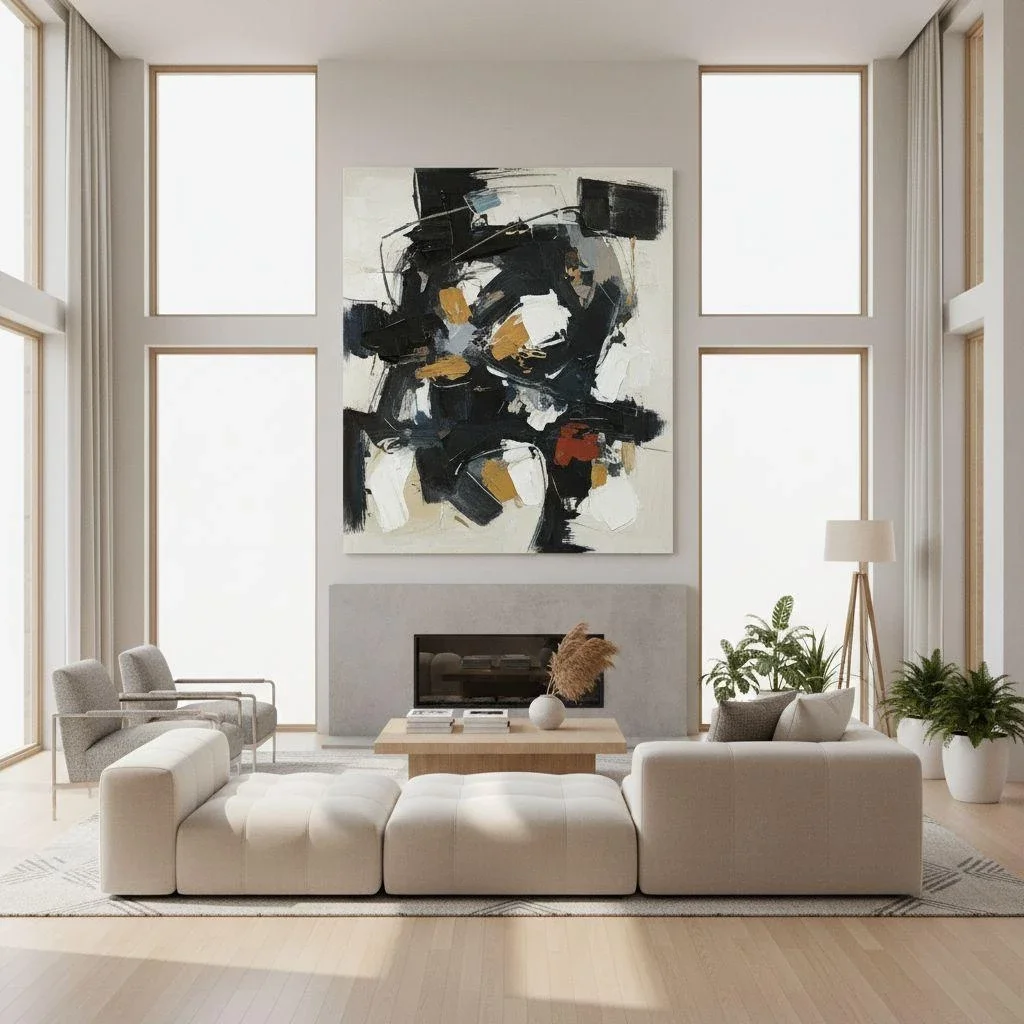 Modern living room with large abstract canvas