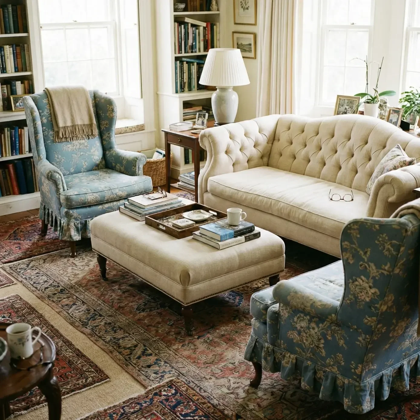 Cozy traditional living room with tufted sofa and bookshelves