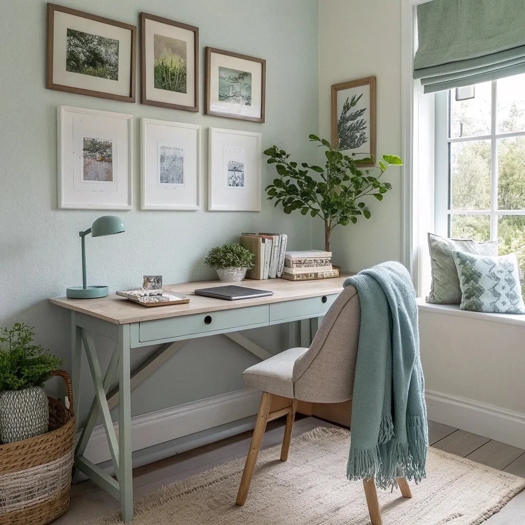Calm home office with dusty blue and sage green accents, featuring a tidy desk, soft textiles, and coordinated frames for a focused workspace.