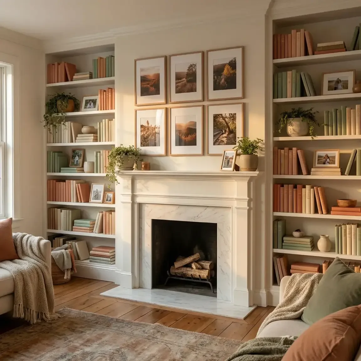 Built-in bookcases with framed photos above fireplace