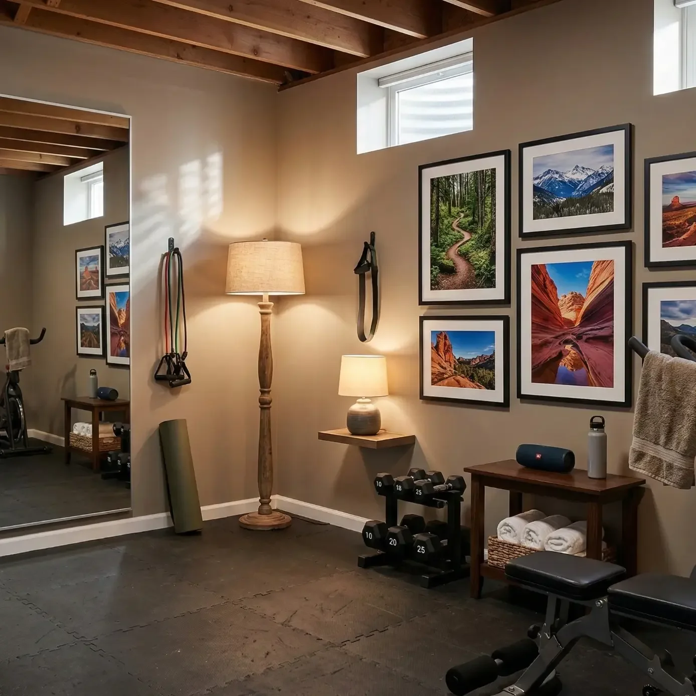 Home gym with framed landscape photos and dumbbells