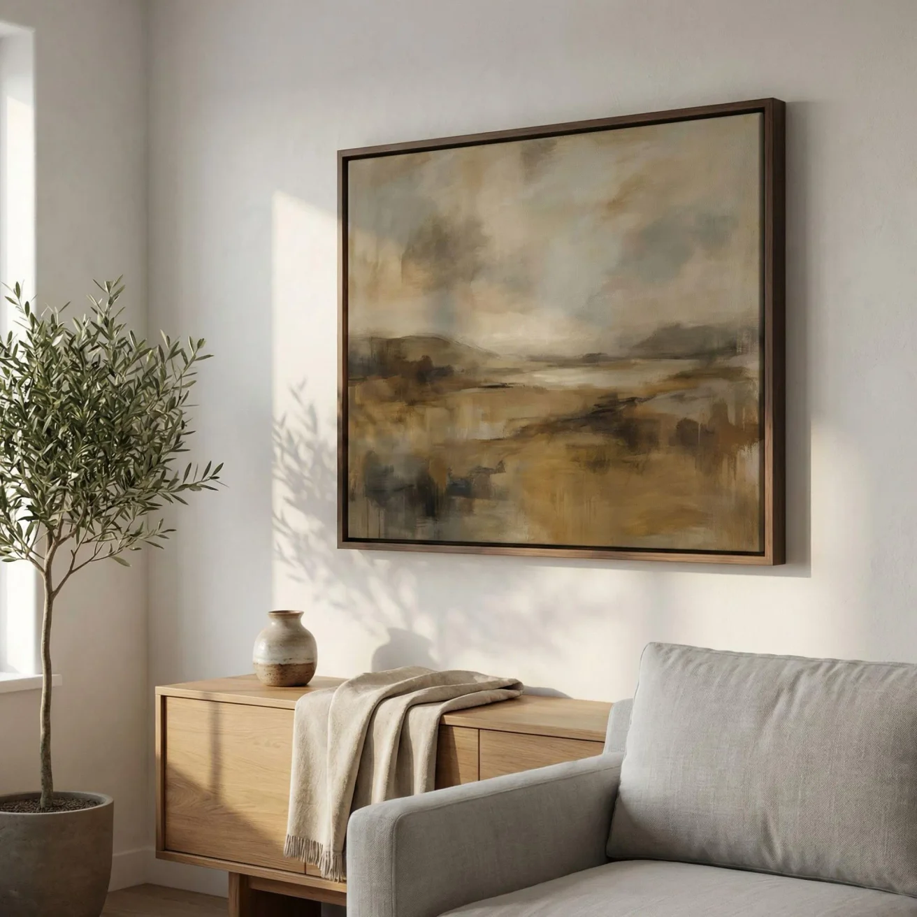 Canvas art in a modern float frame on wall