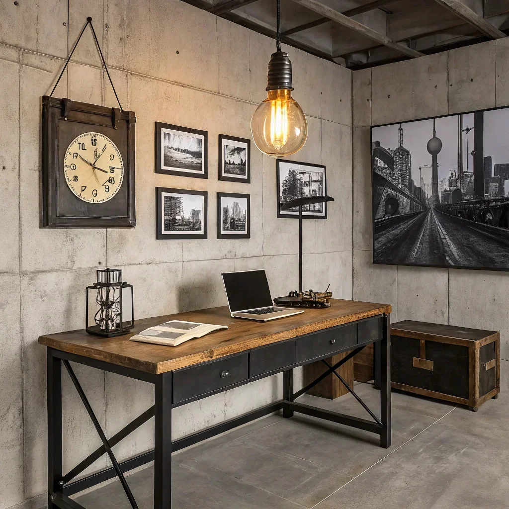 Masculine industrial home office with a reclaimed wood and metal desk, exposed-bulb pendant light, gunmetal wall clock, and black-framed monochrome cityscape prints.