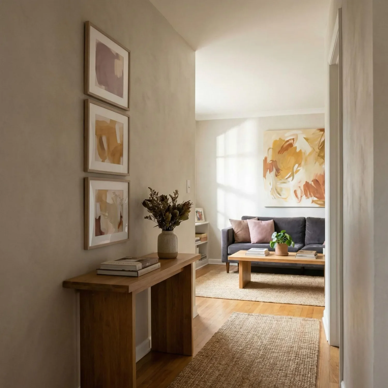 Vertical framed art column at living room entry