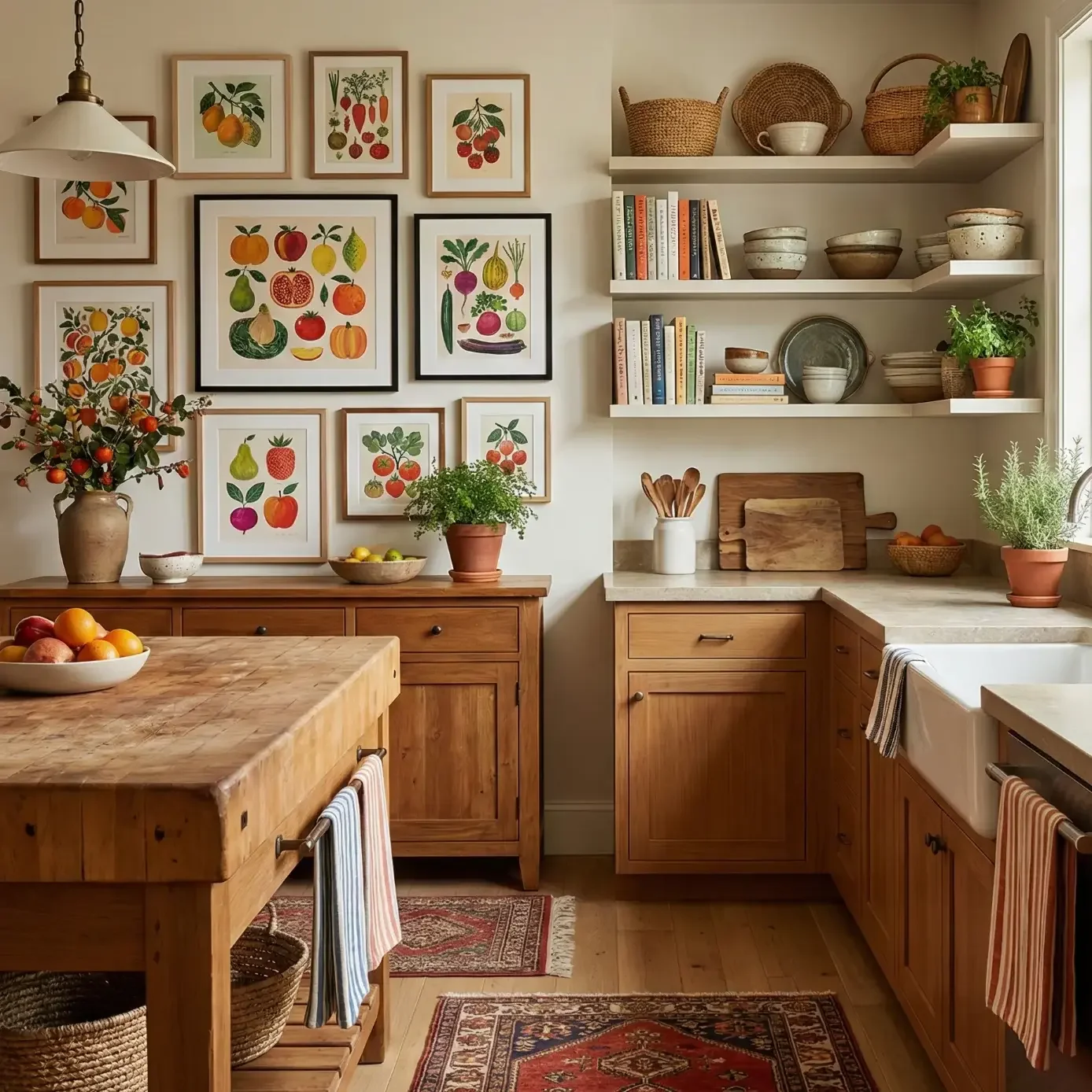 Farmhouse kitchen with fruit prints and open shelving.