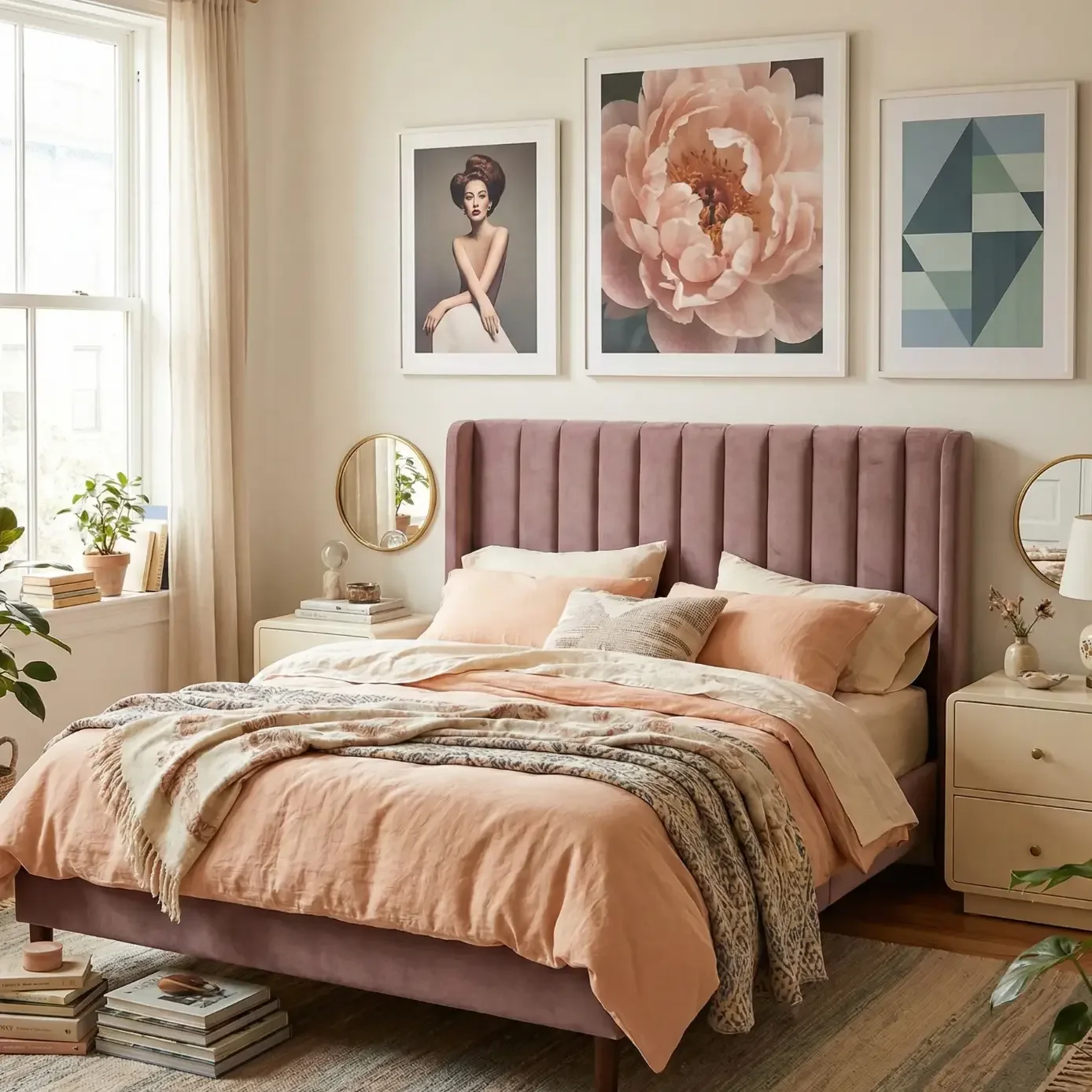 Blush bedding and mauve headboard in bright modern bedroom