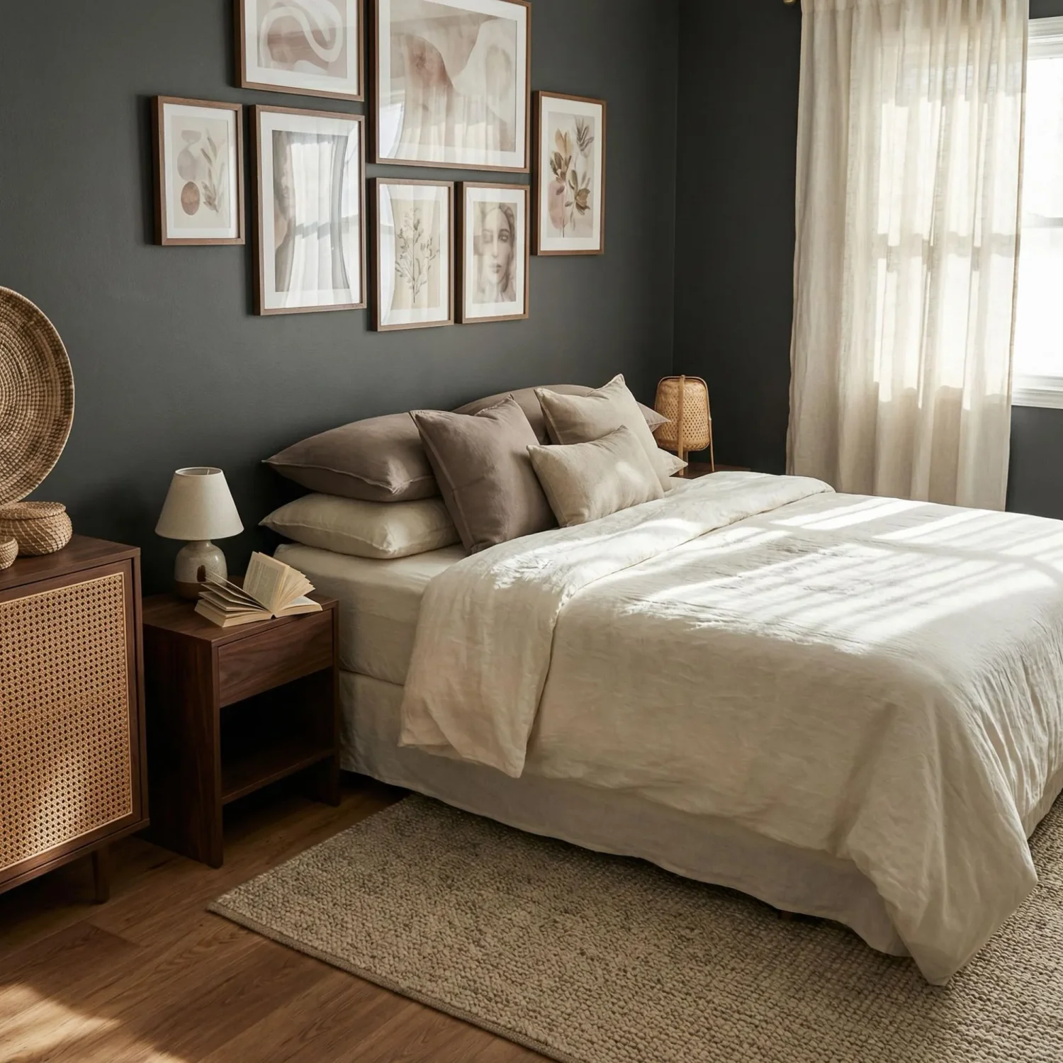 Charcoal bedroom with warm neutral color palette