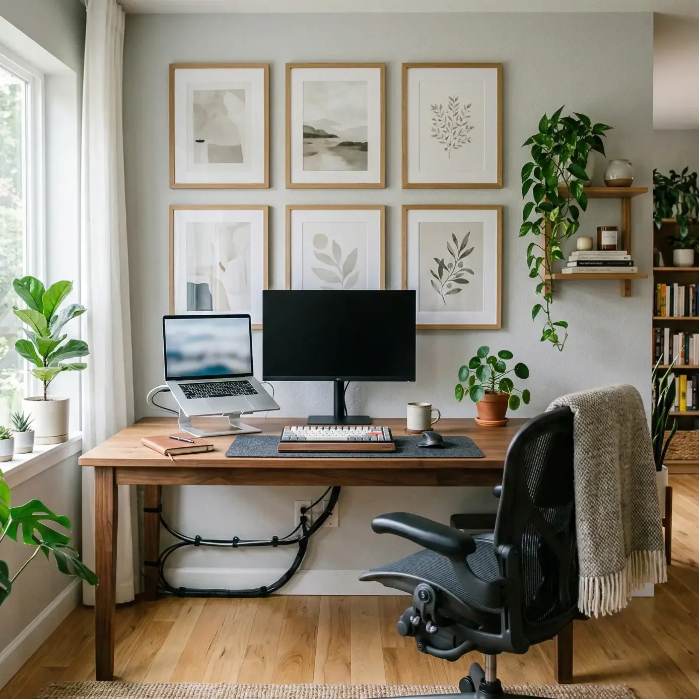 Sunlit desk setup with monitor, laptop stand, and greenery