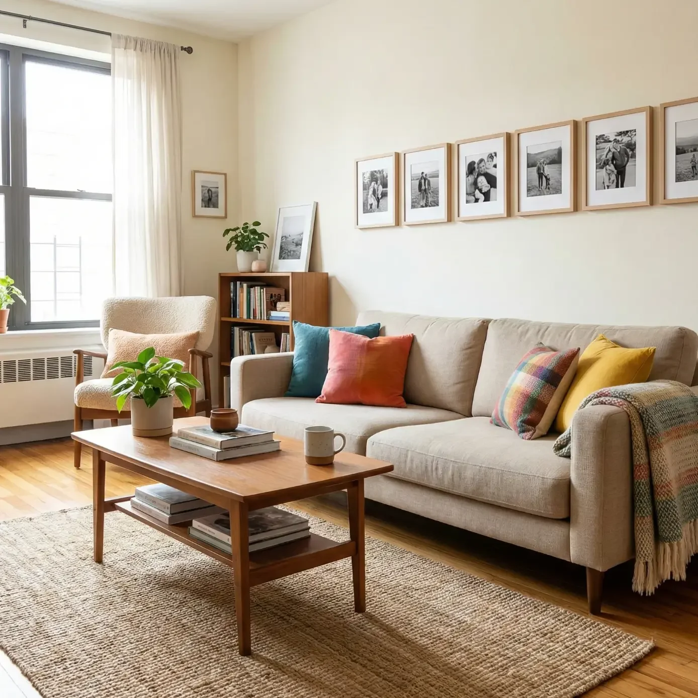 Bright minimalist lounge with beige couch, wood table, plants. 