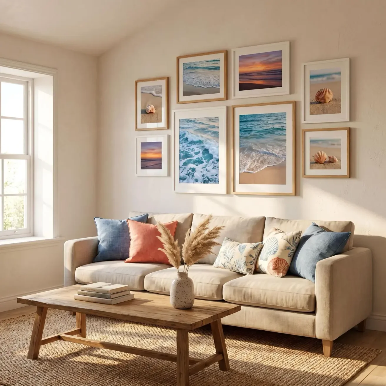 Beach photography gallery wall in bright living room