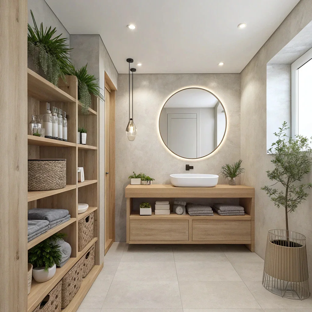 Minimalist bathroom featuring light wood accents and a neutral palette.