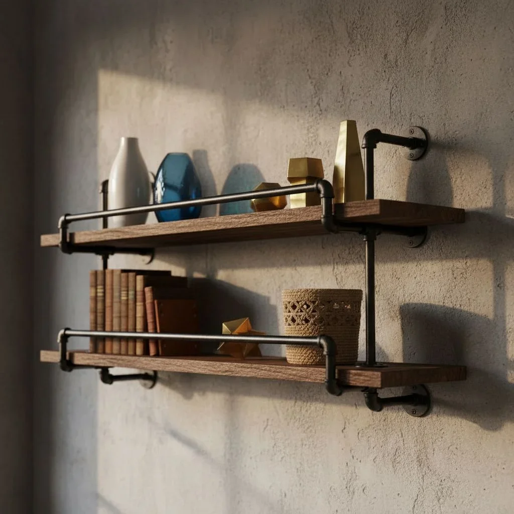 Industrial pipe shelf with mixed textures