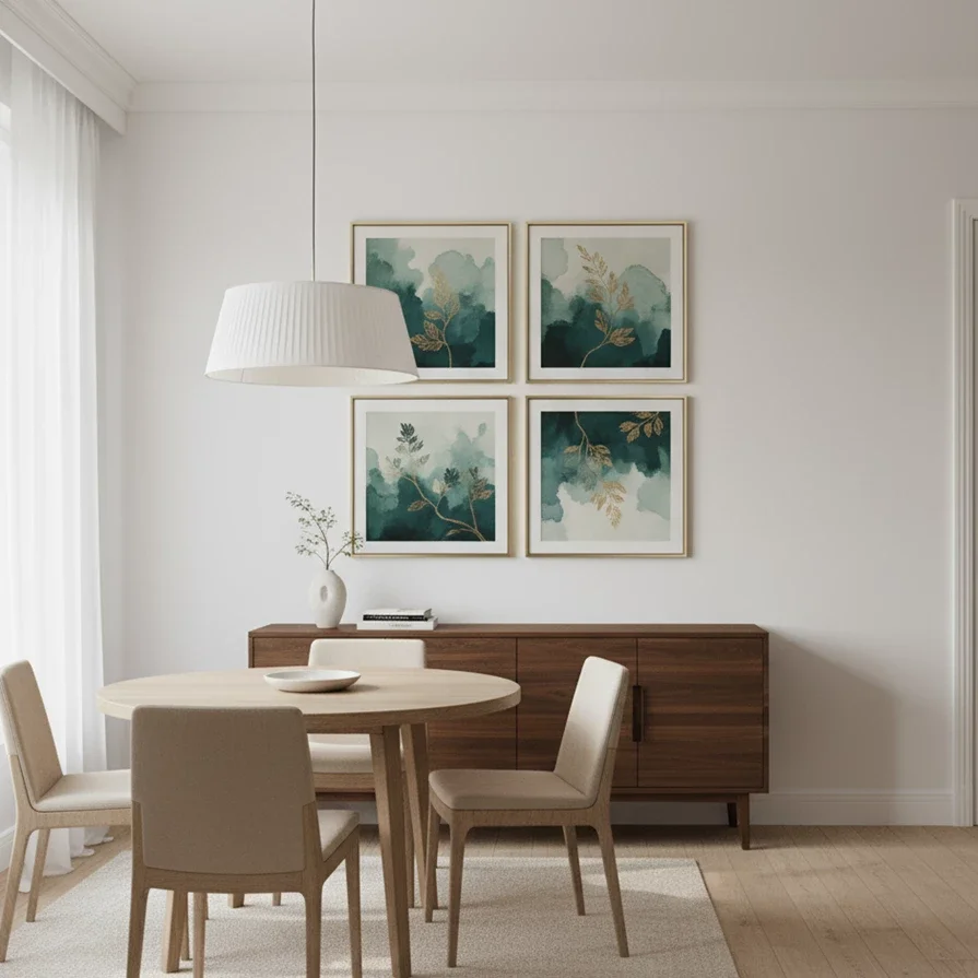 dining room with four teal botanical prints above credenza