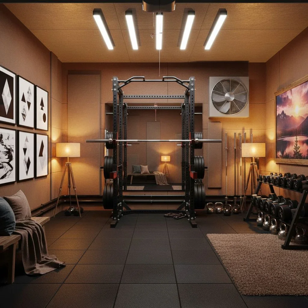 Warm and reflective basement gym design