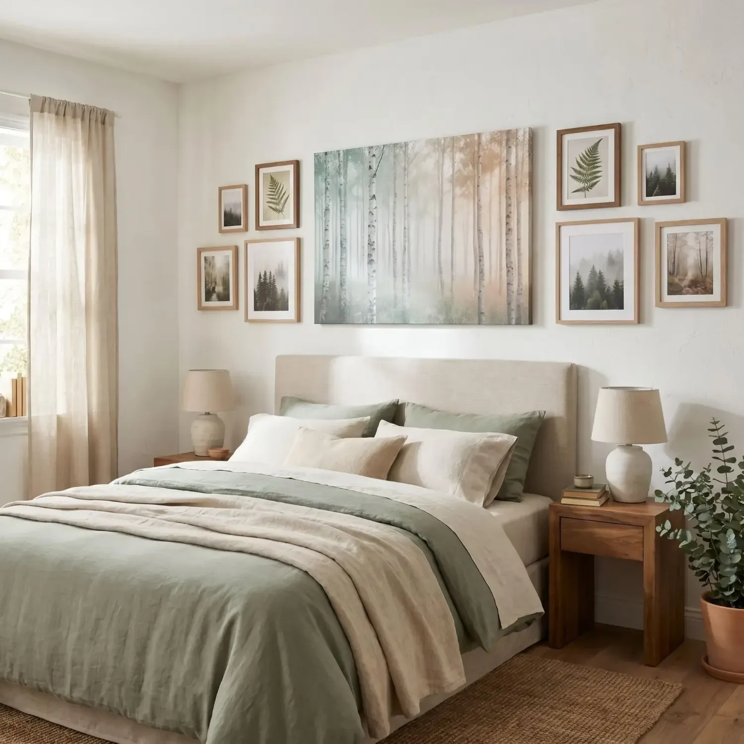 Misty forest canvas art above bedroom headboard