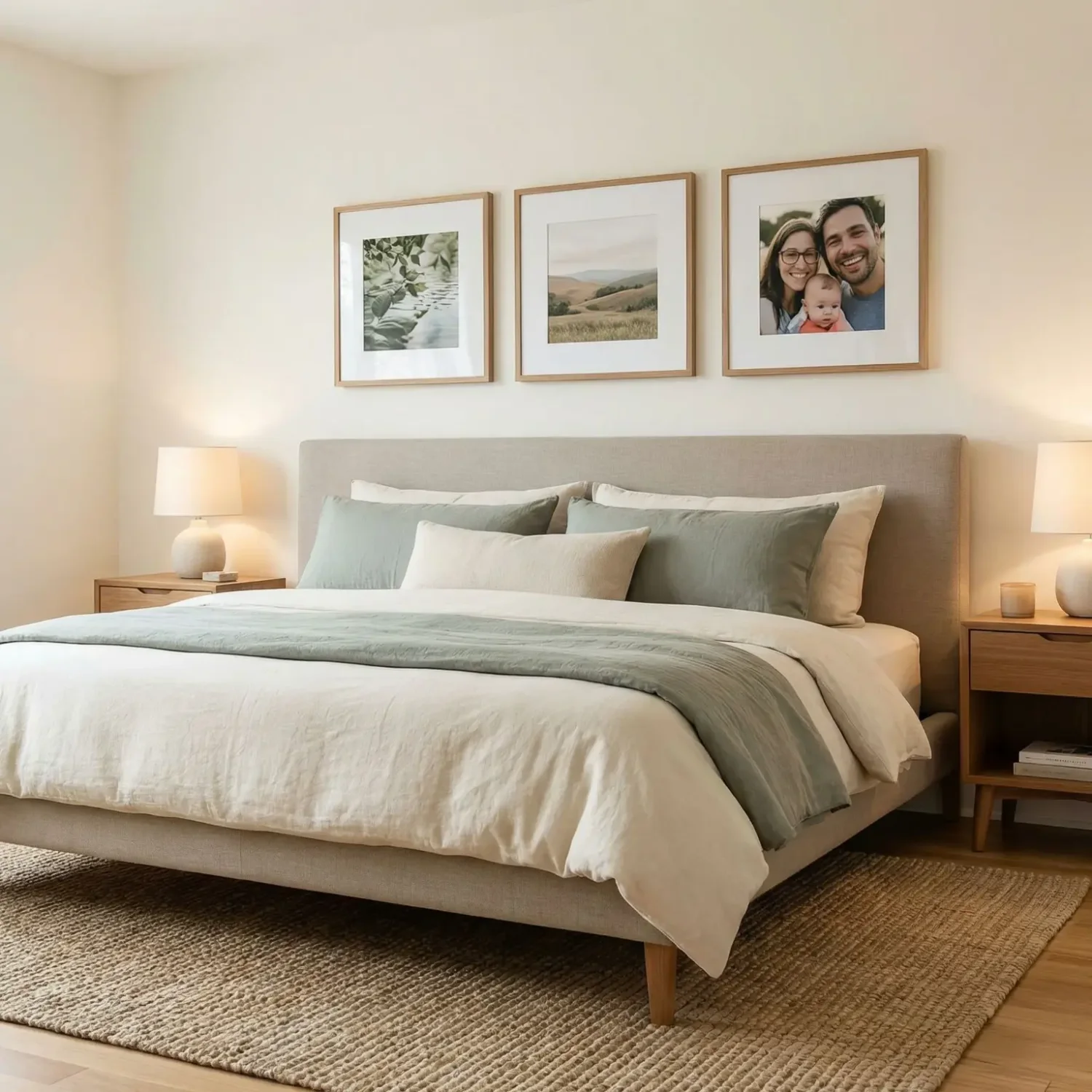 Bedroom symmetrical framed photo grid above headboard