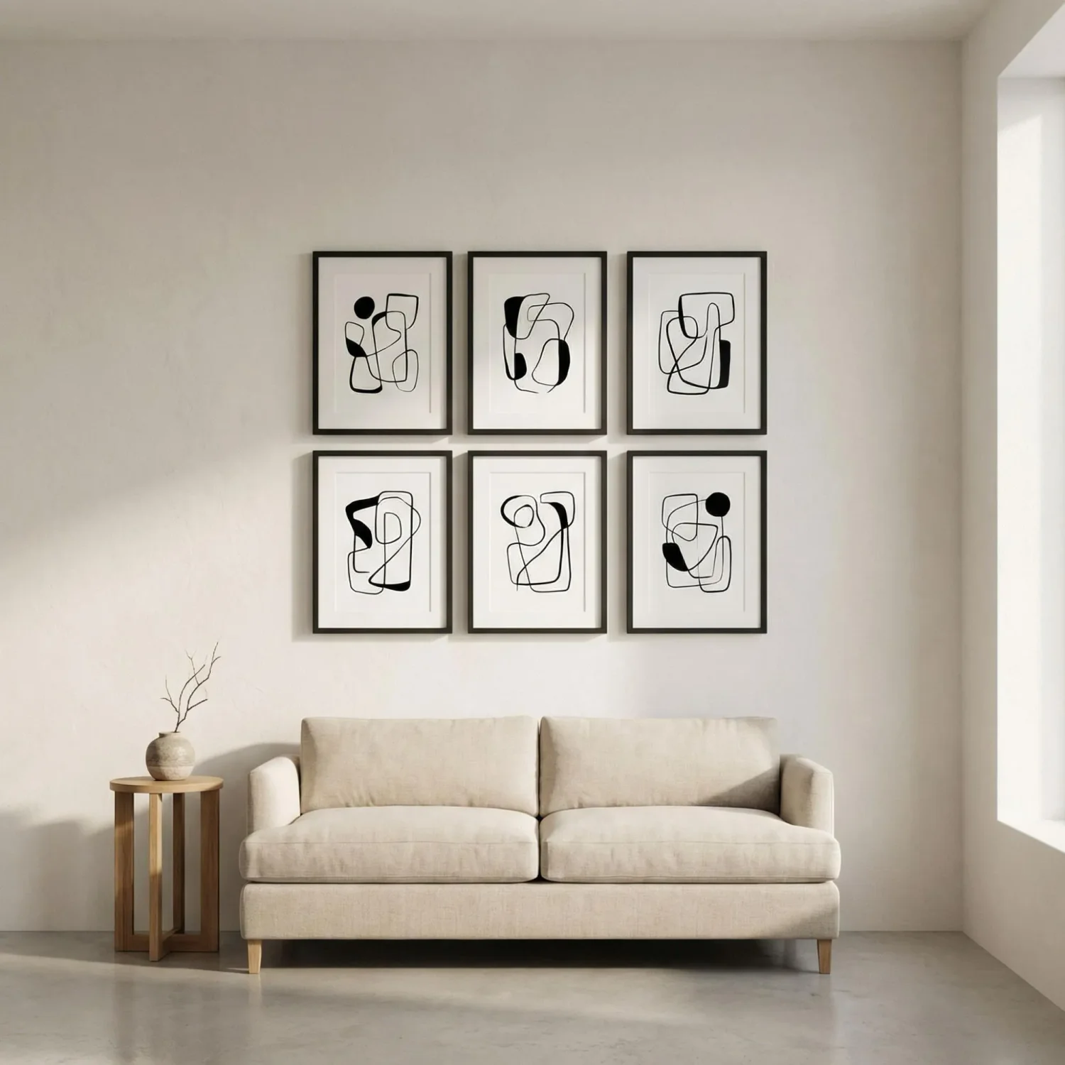 Minimalist gallery wall with black and white framed art