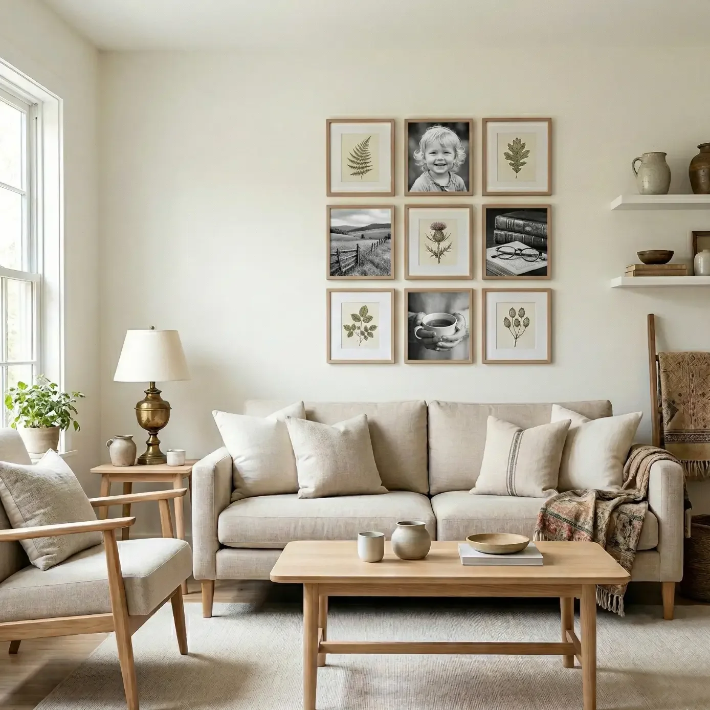 Cozy living room with beige sofa and framed photo grid