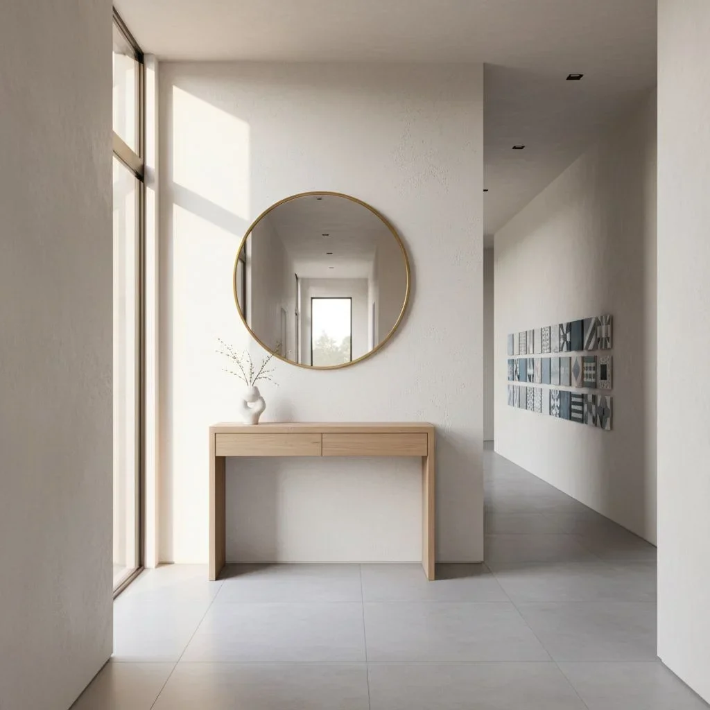 Entryway and hallway with mirror and picture tiles