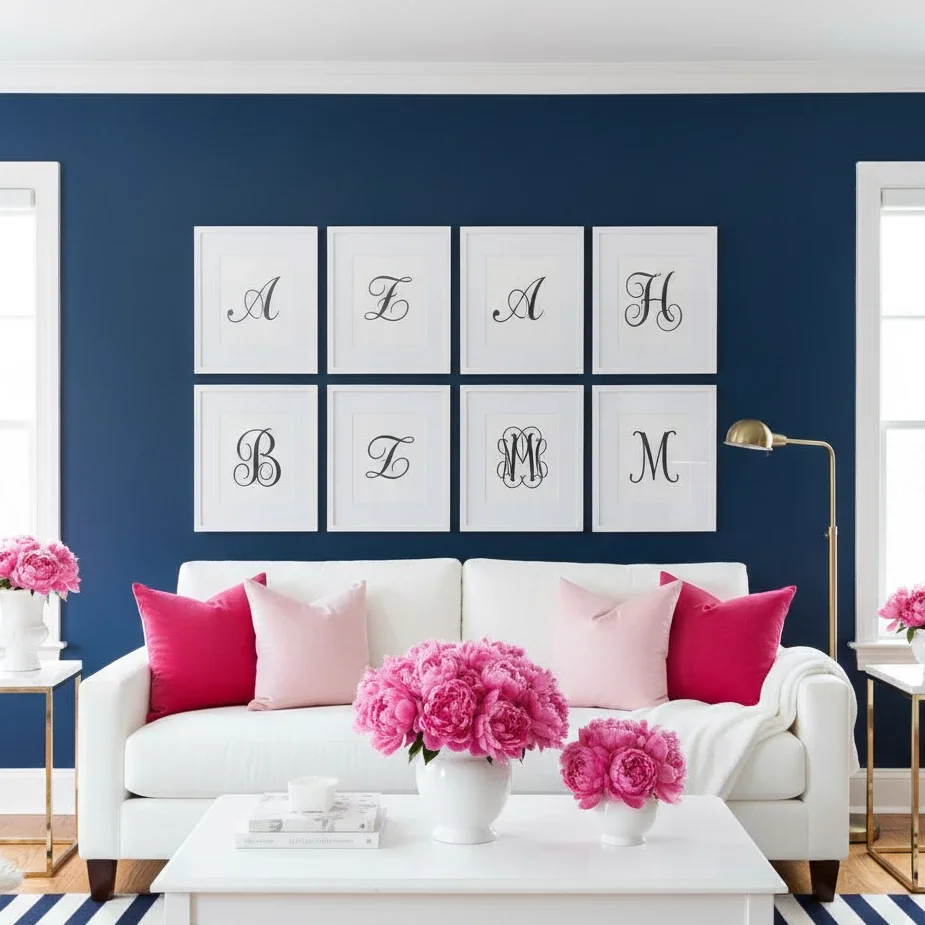Bright living room with monogram art and pink floral accents