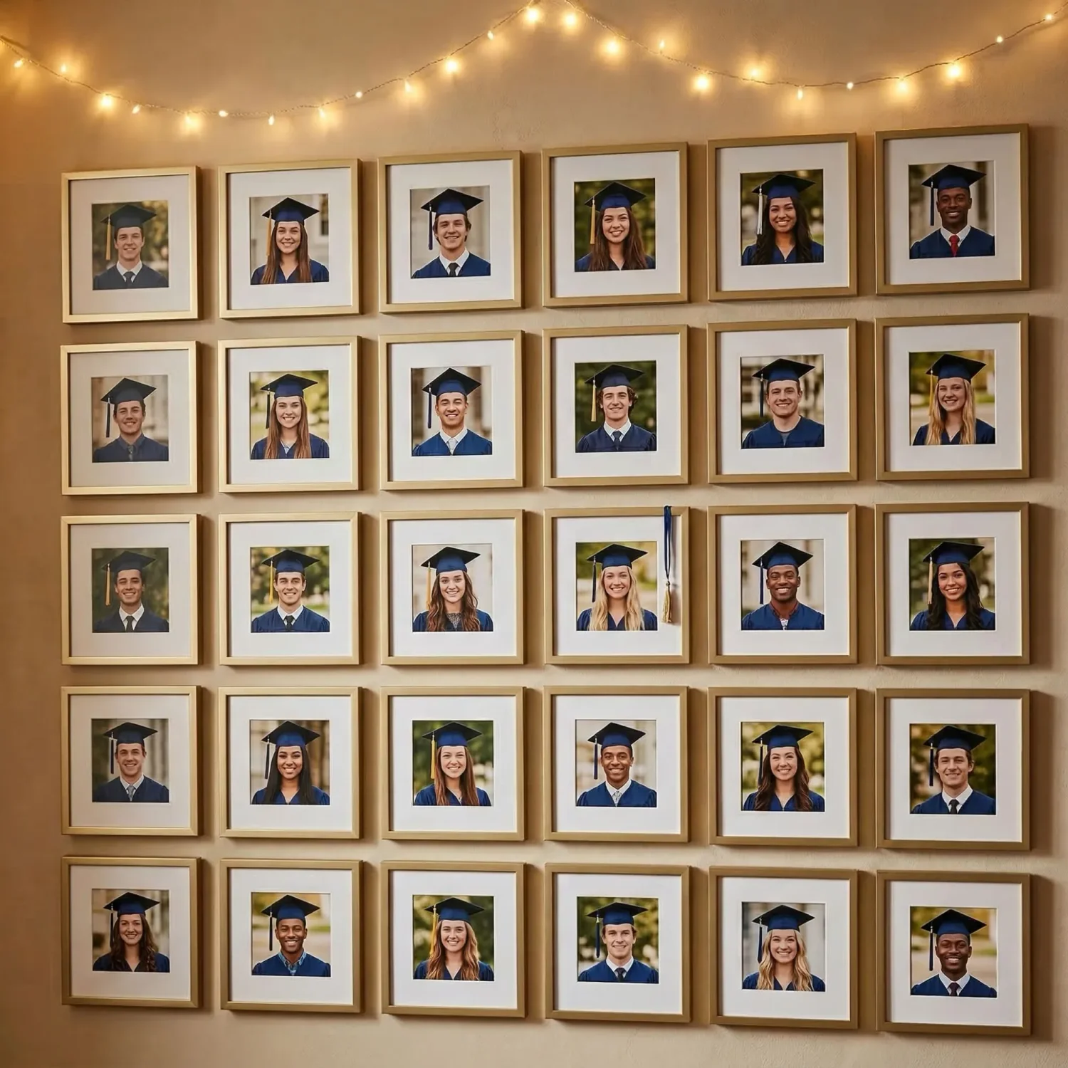 Clean grid layout of framed graduation photos on wall