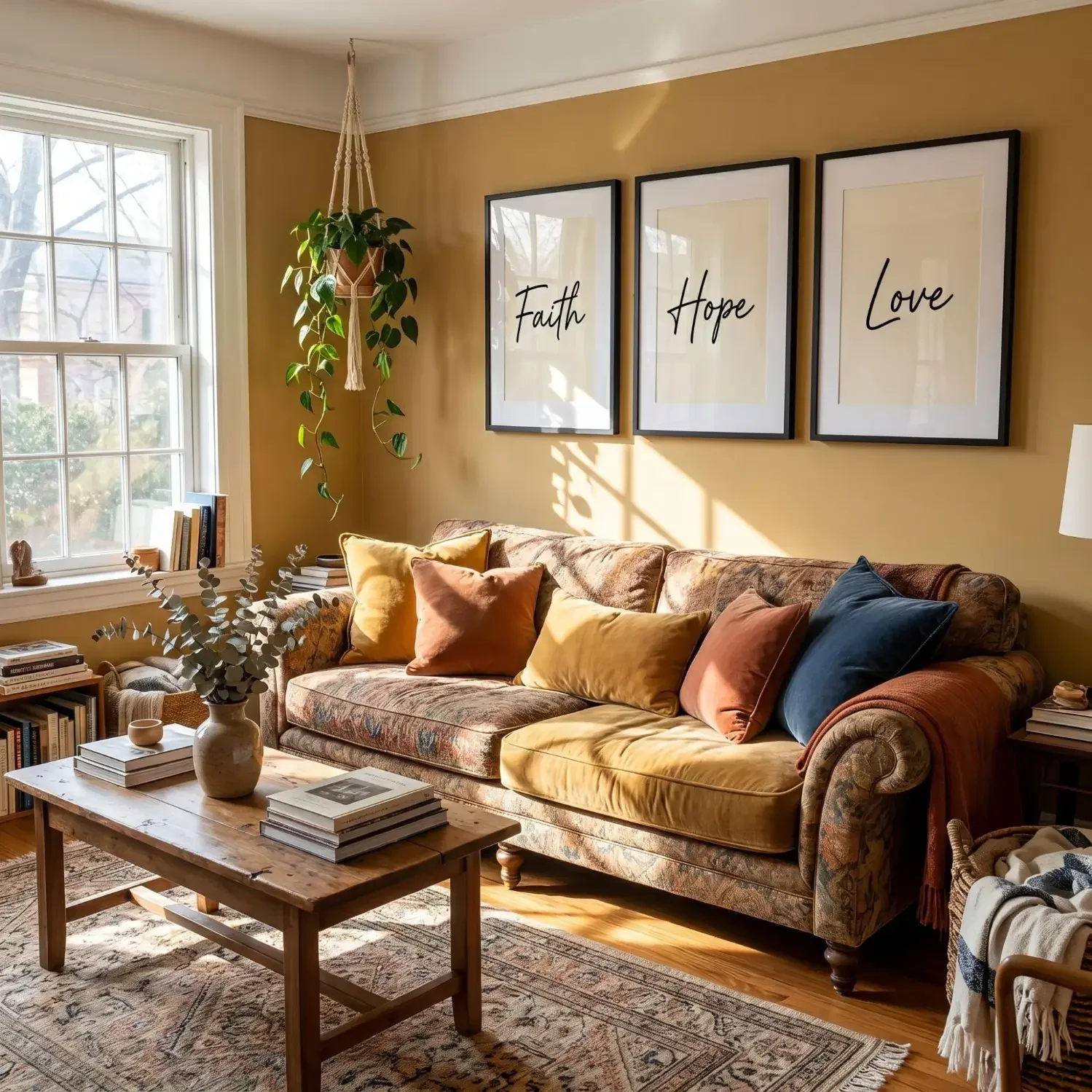 Faith hope love triptych framed above living room sofa