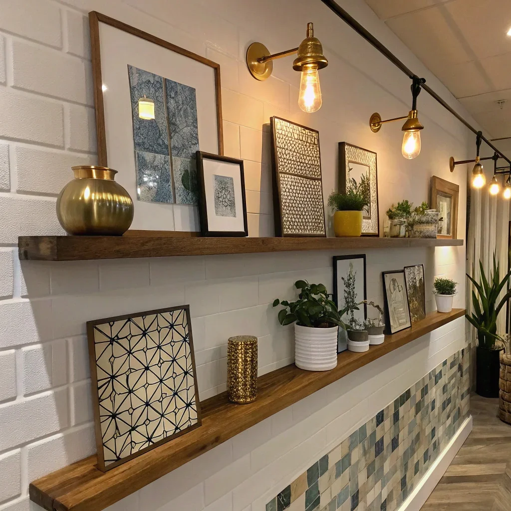 Gallery wall with brass sconces and floating display shelves.