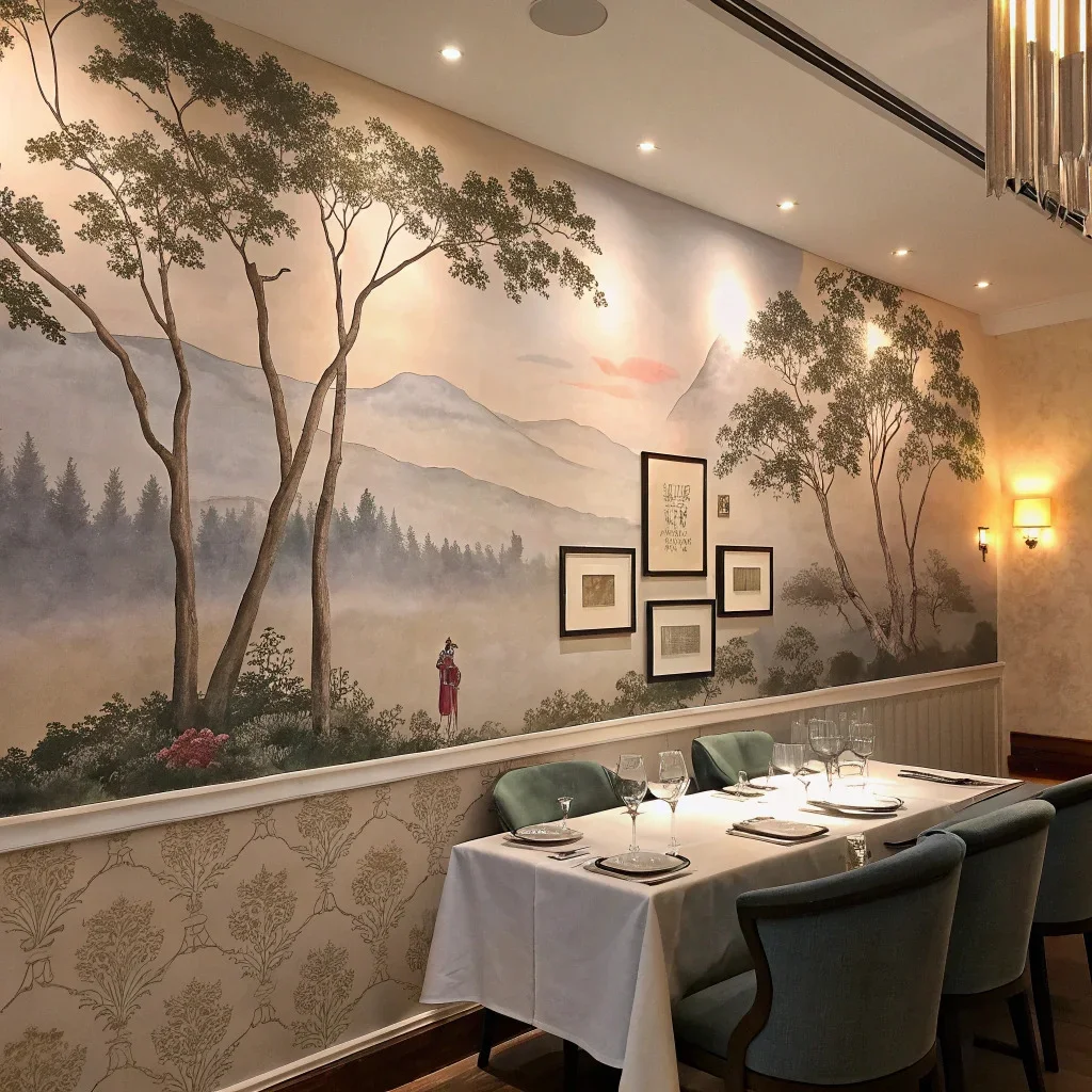 Large-scale wall mural in a dining room with a subtle grid of small frames layered for personal detail.