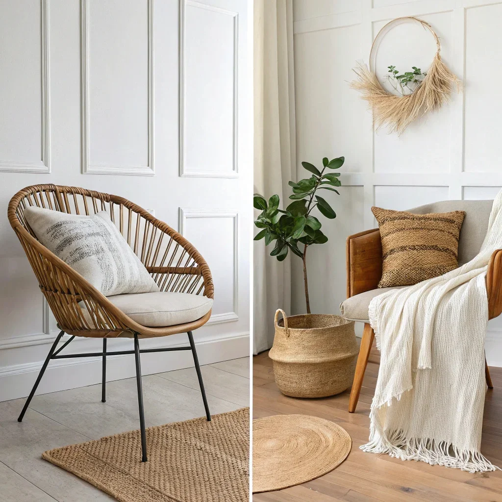 Side-by-side comparison of stark minimalism versus warm minimalism, highlighting warm wood, woven textures, and earth-tone accents that soften the room.