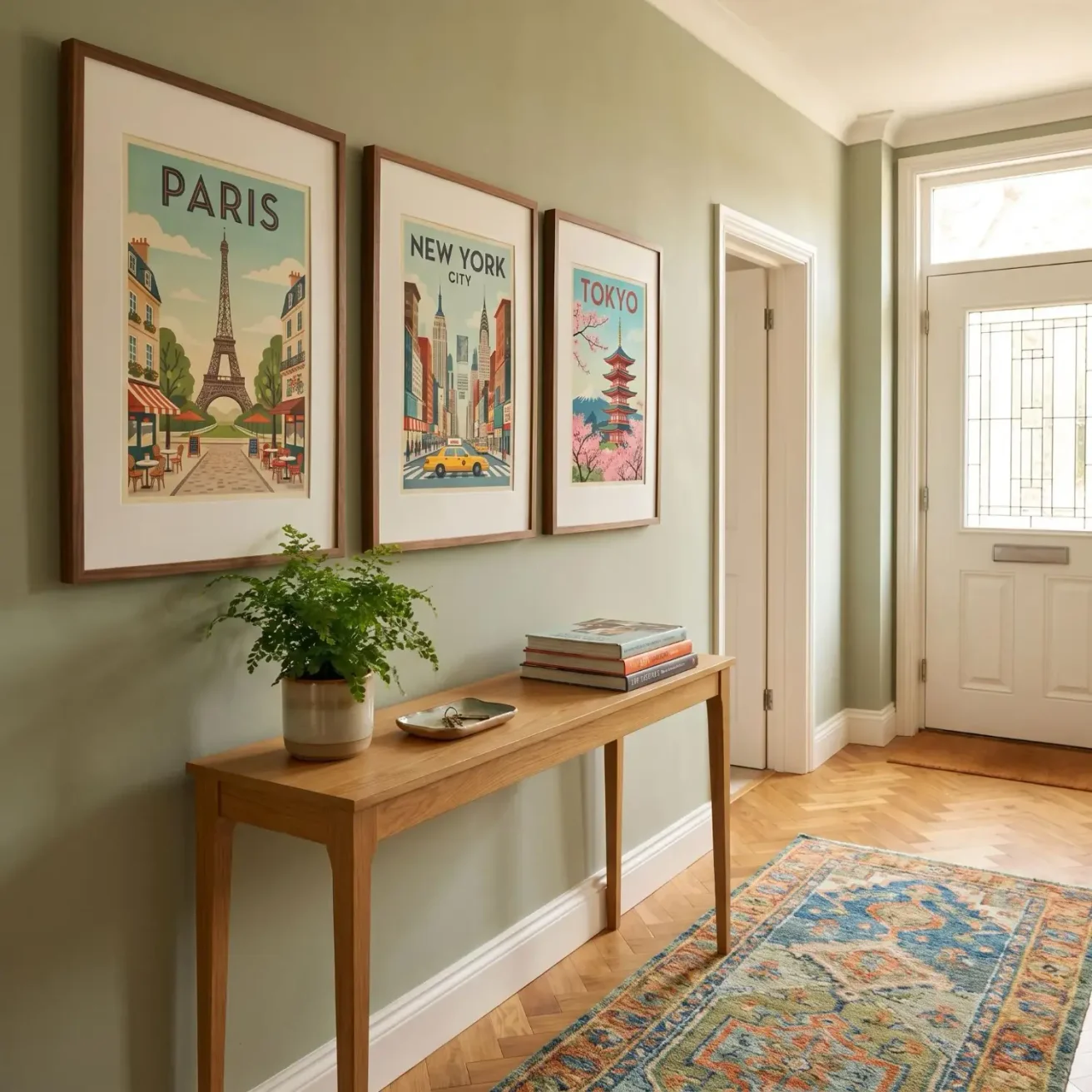 Hallway with vintage travel art prints in frames