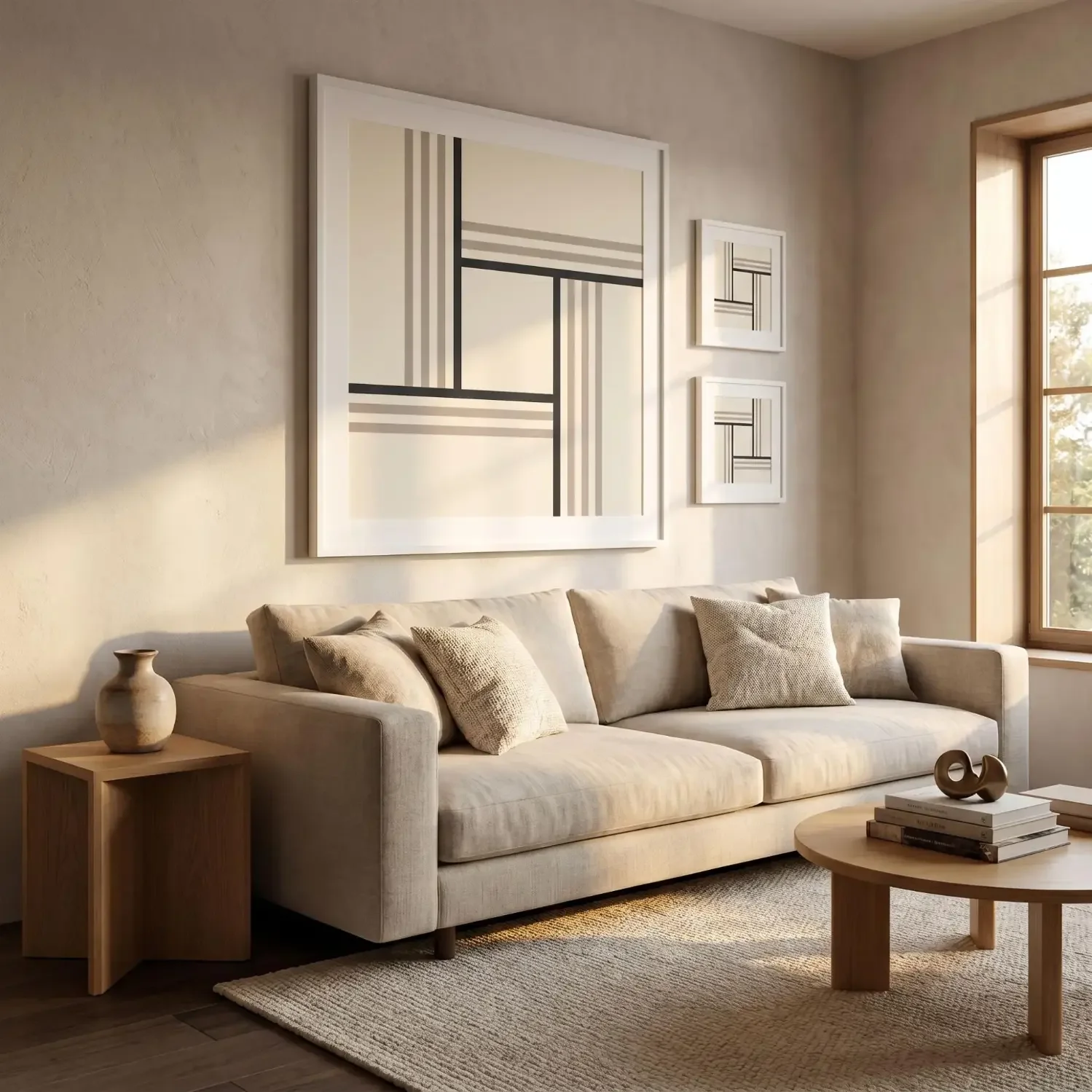 Minimalist abstract art above sofa in living room