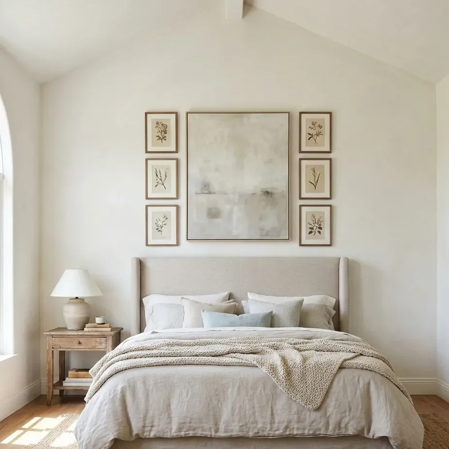 Minimal bedroom with upholstered bed and framed botanical art
