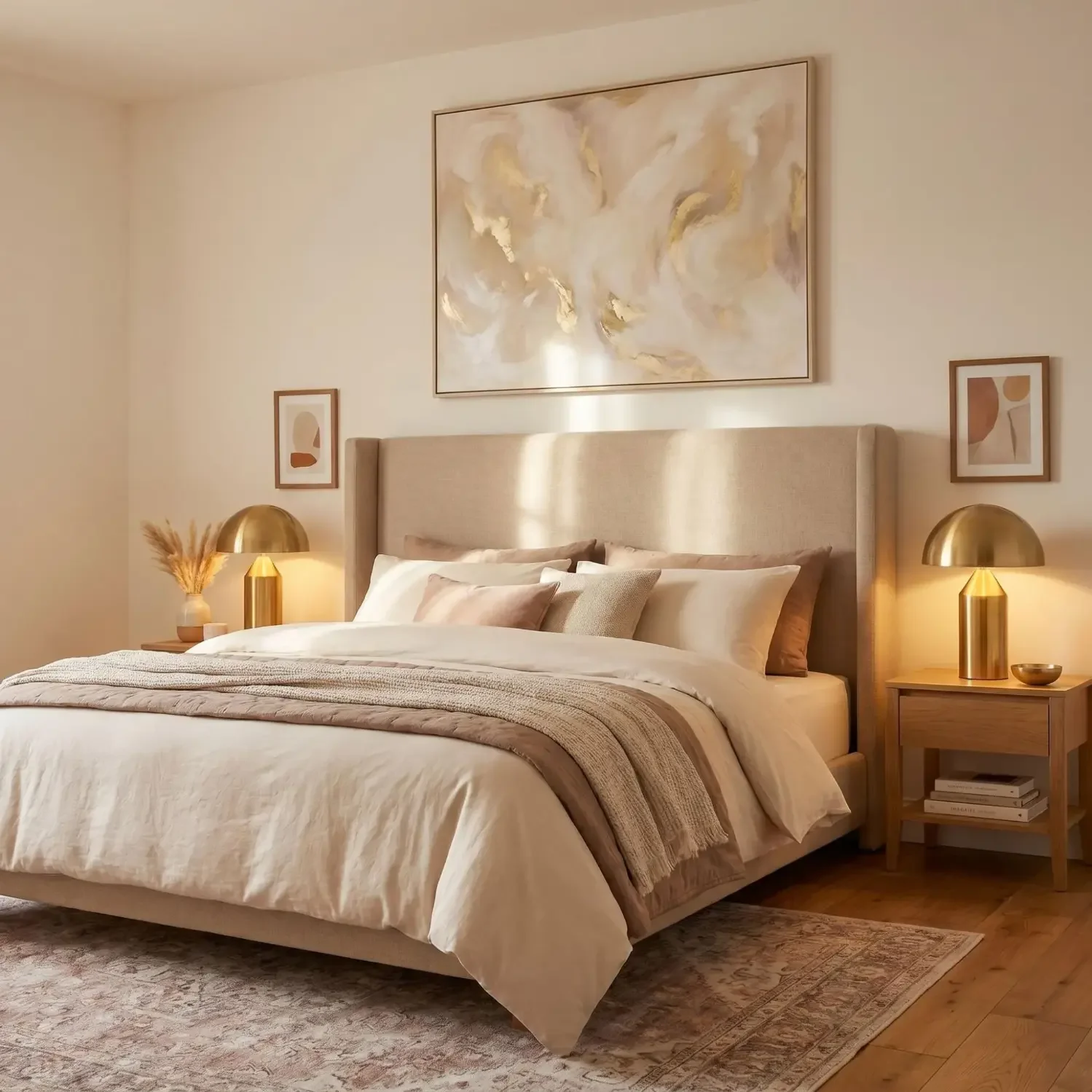 Gold abstract art above bedroom headboard