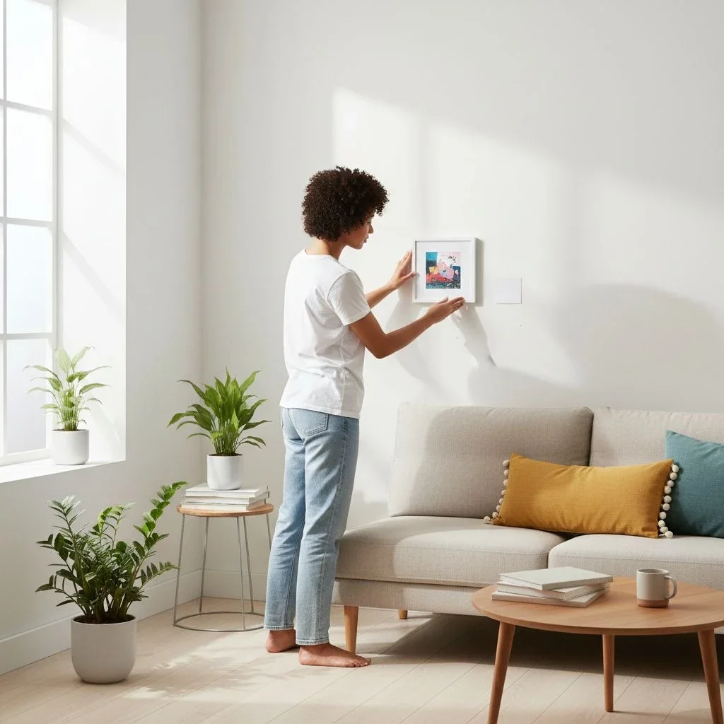 person hangs framed photo above sofa in bright room