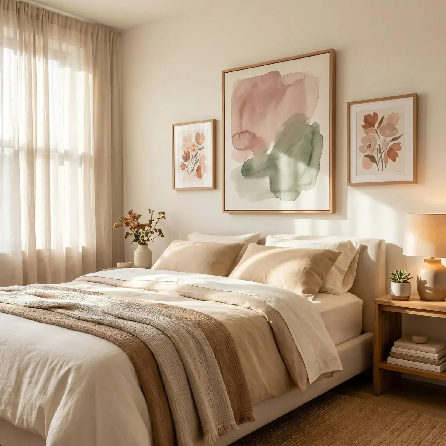 Soft abstract wall art in a calming bedroom decor