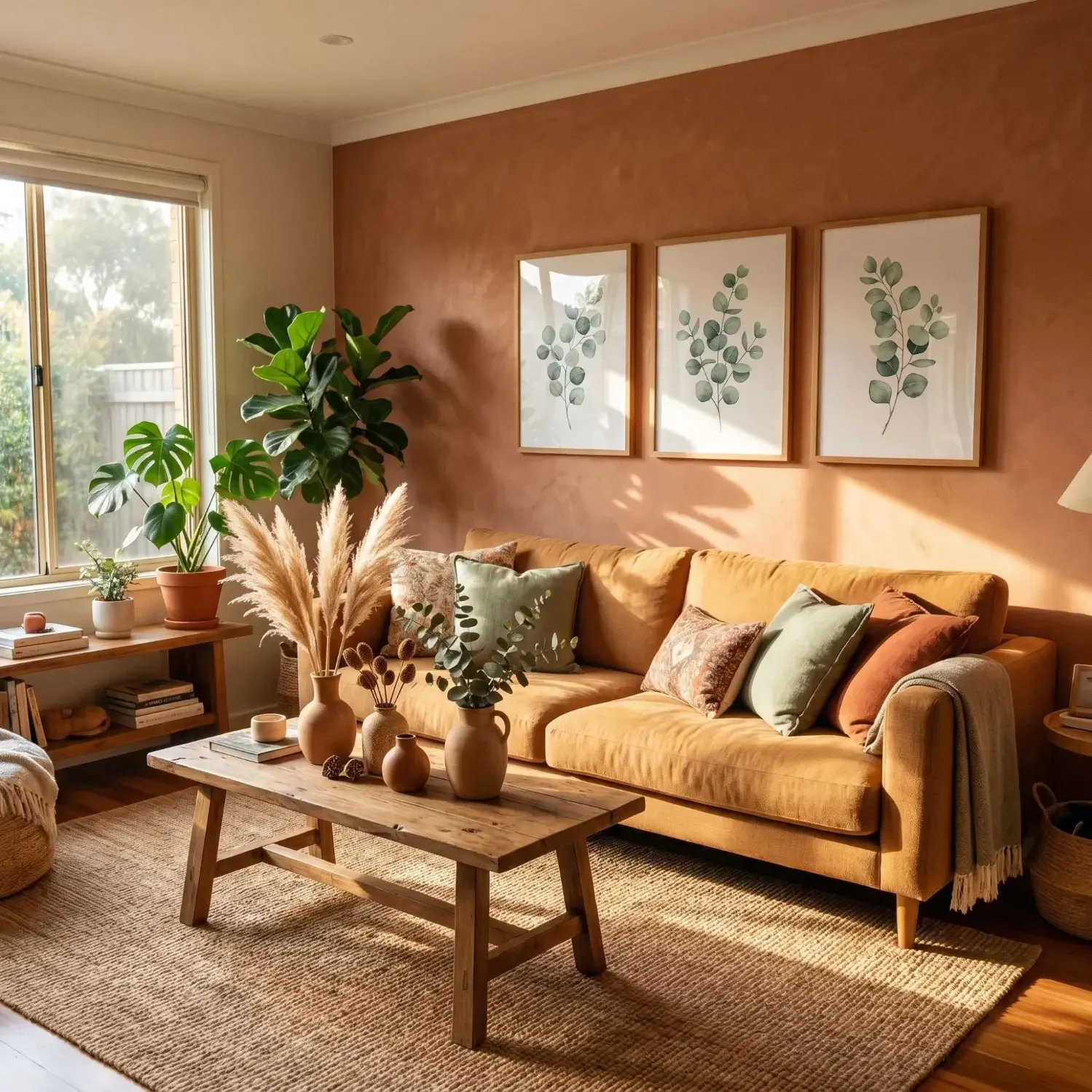 Living room gallery wall with eucalyptus art prints
