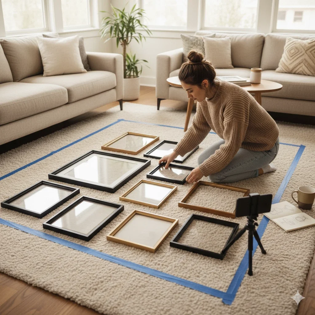 woman arranging gallery frames on rug within taped layout