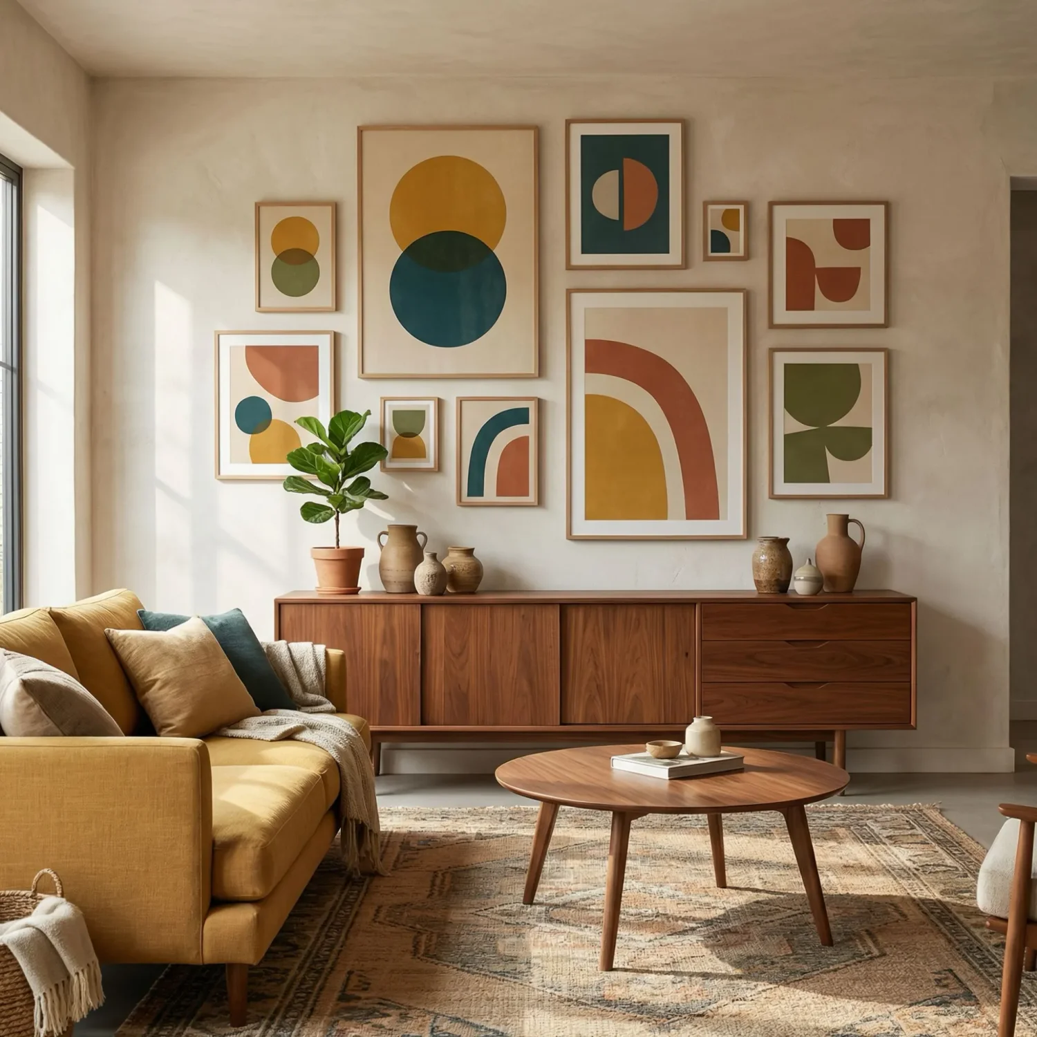 Mid-century color block gallery wall above wood sideboard