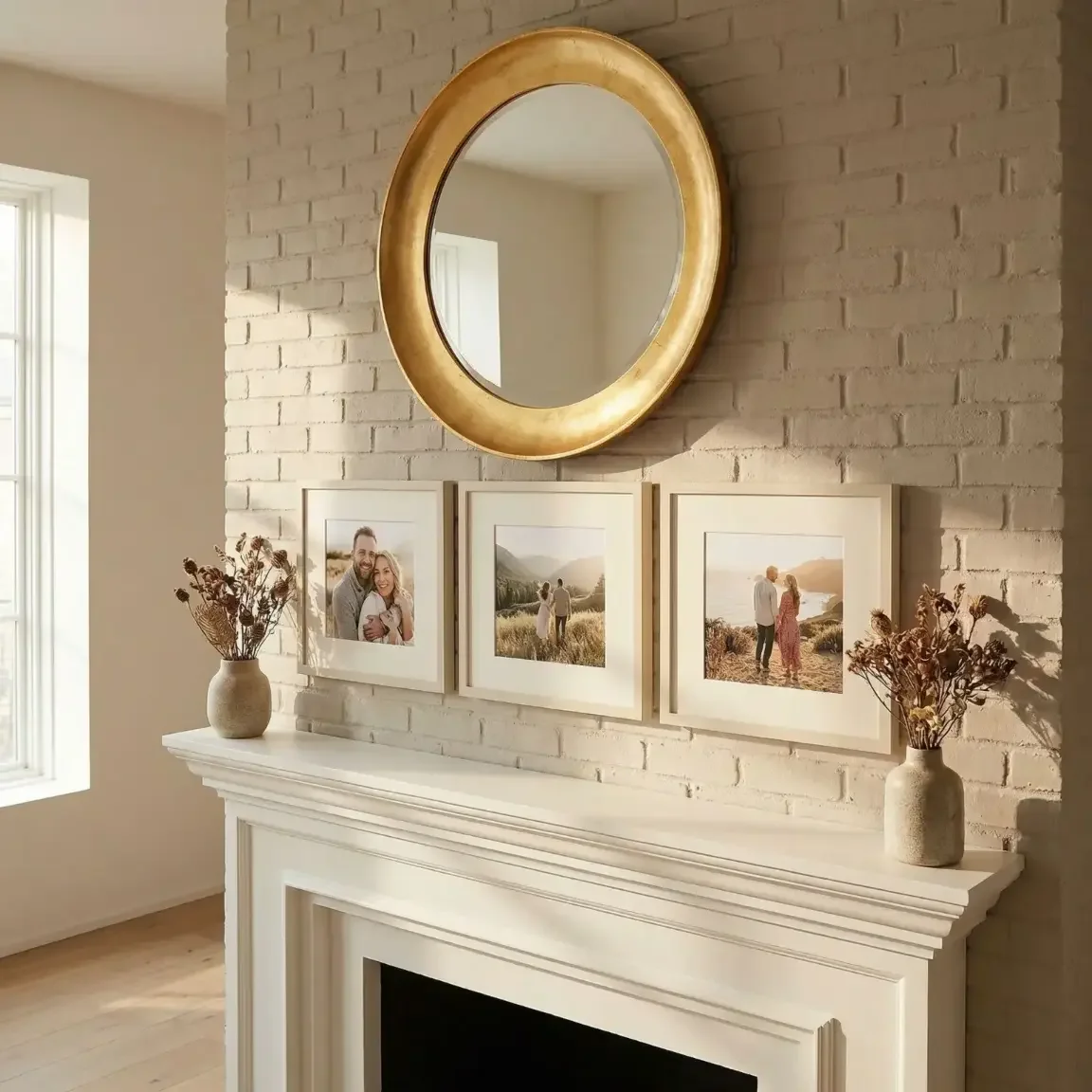 Transitional fireplace wall with mirror and framed art