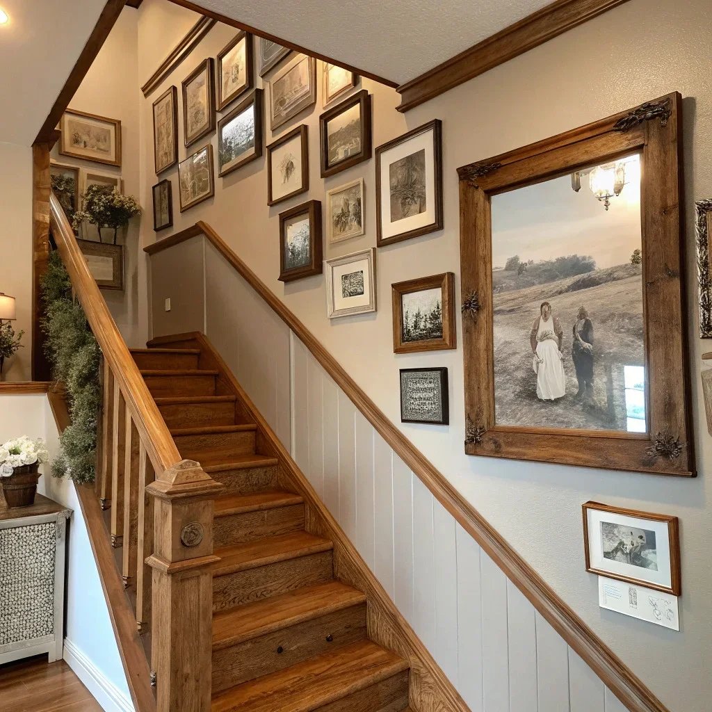 A warm farmhouse staircase wall featuring wood frames, sepia family photos, a reclaimed mirror, and rustic textures.