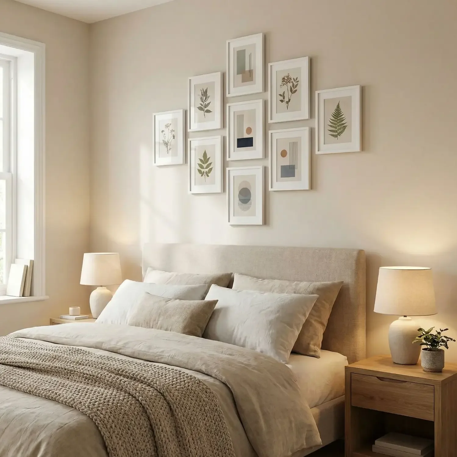 Diamond layout of framed photos above bed headboard