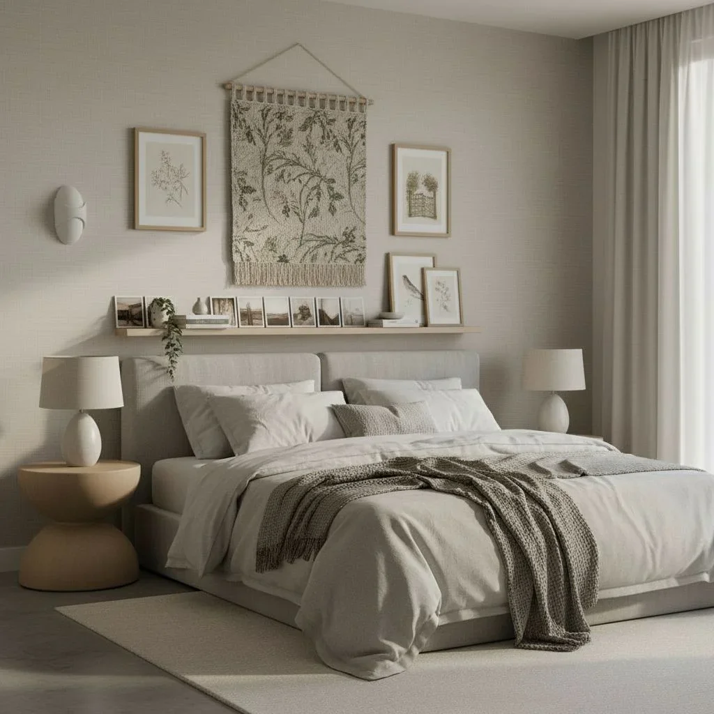 Cottage-style wall decor with florals and woven hanging