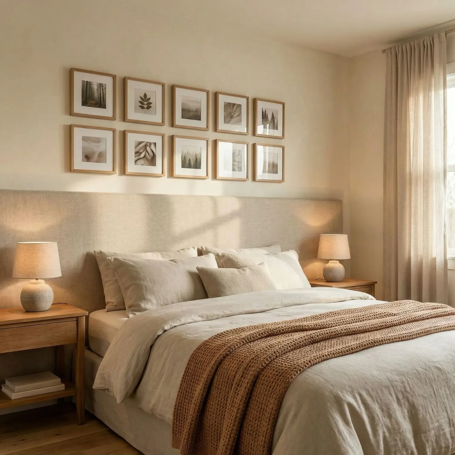 Framed photos above linen headboard in bedroom