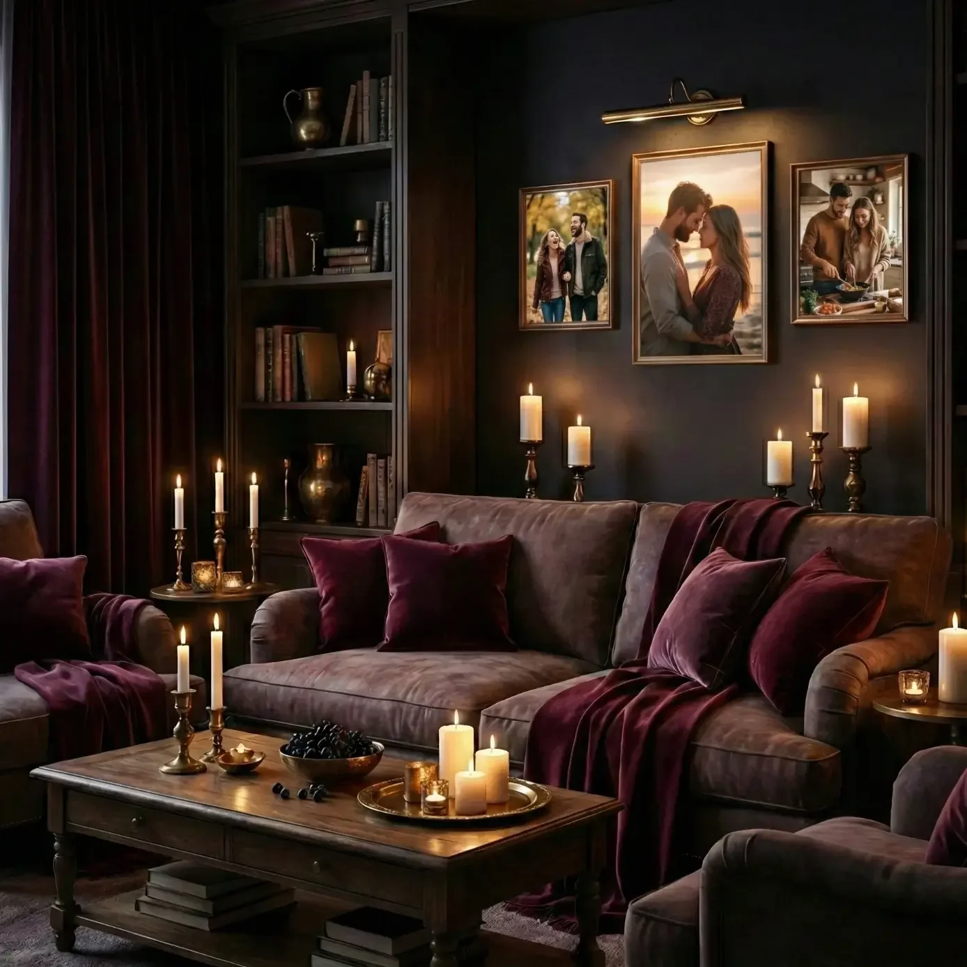 Dark cozy lounge with velvet pillows, bookshelves, and candles.