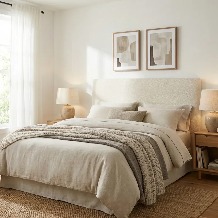 Neutral bedroom with upholstered bed, lamps, and wall art