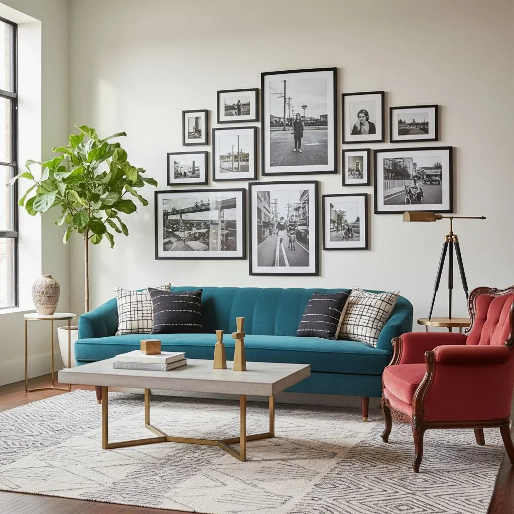 Eclectic living room with mixed eras and gallery wall